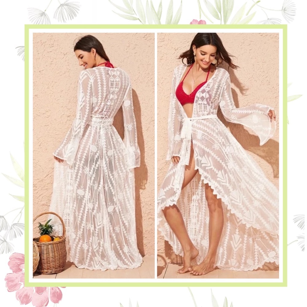 🌸 LACE ROBE DUSTER KIMONO BEACH COVER UP BOHO CHIC WHITE FLARE LONG MAXI SUMMER